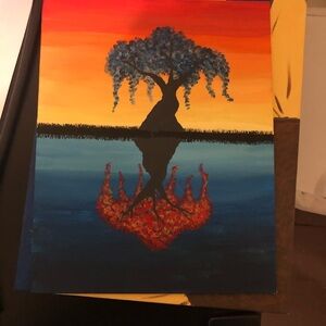 Orange and Blue Minimalist Tree Painting